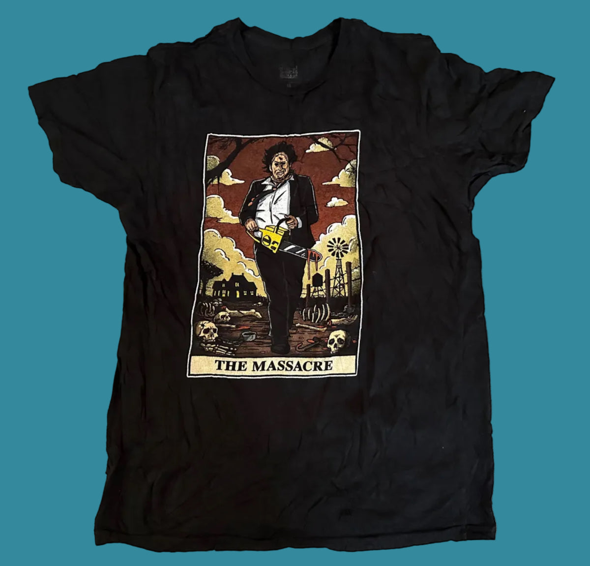 Texas Chainsaw Massacre "The Massacre" Tarot Card T-Shirt Black Graphic Tee Horror