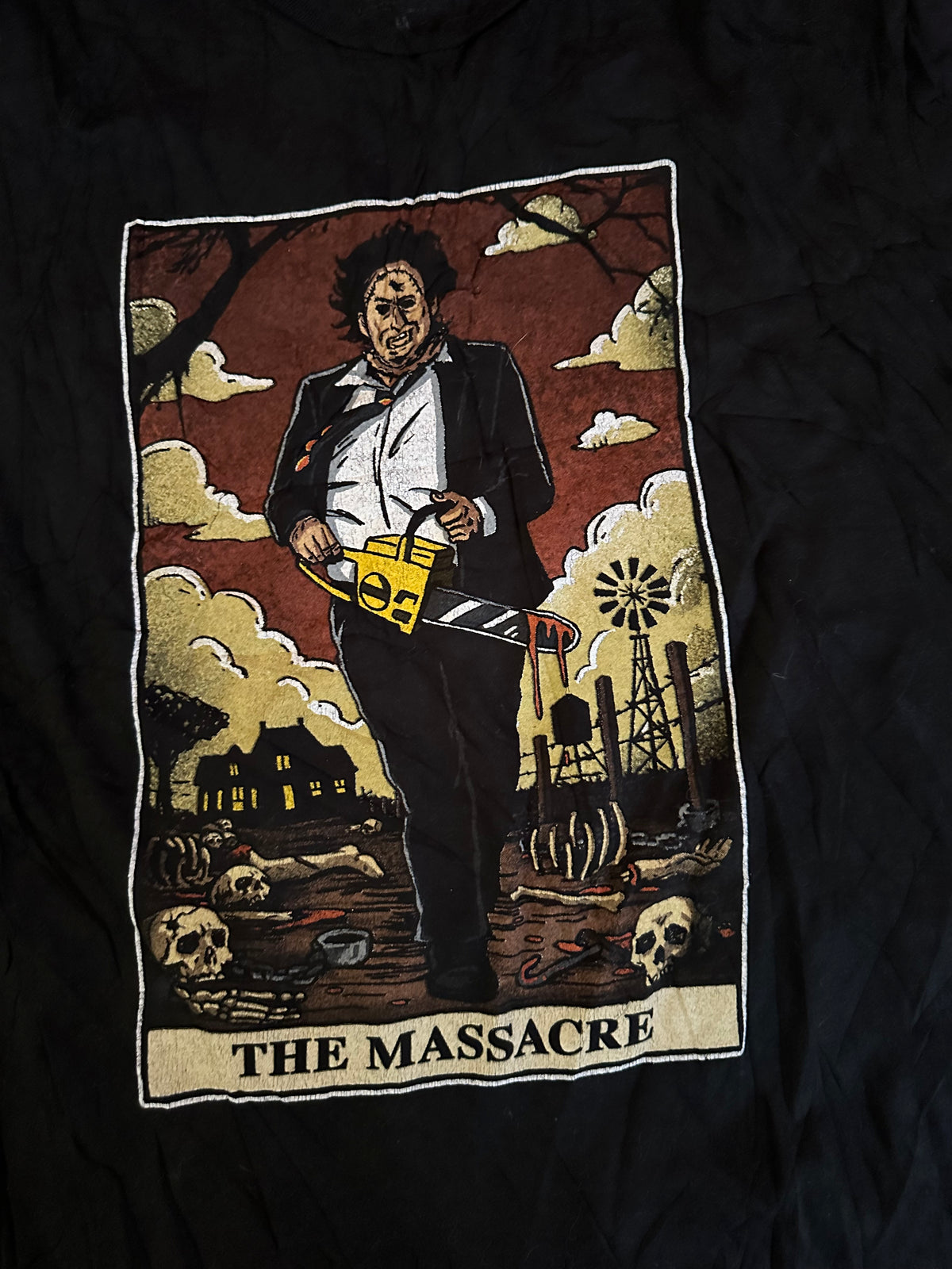 Texas Chainsaw Massacre "The Massacre" Tarot Card T-Shirt Black Graphic Tee Horror