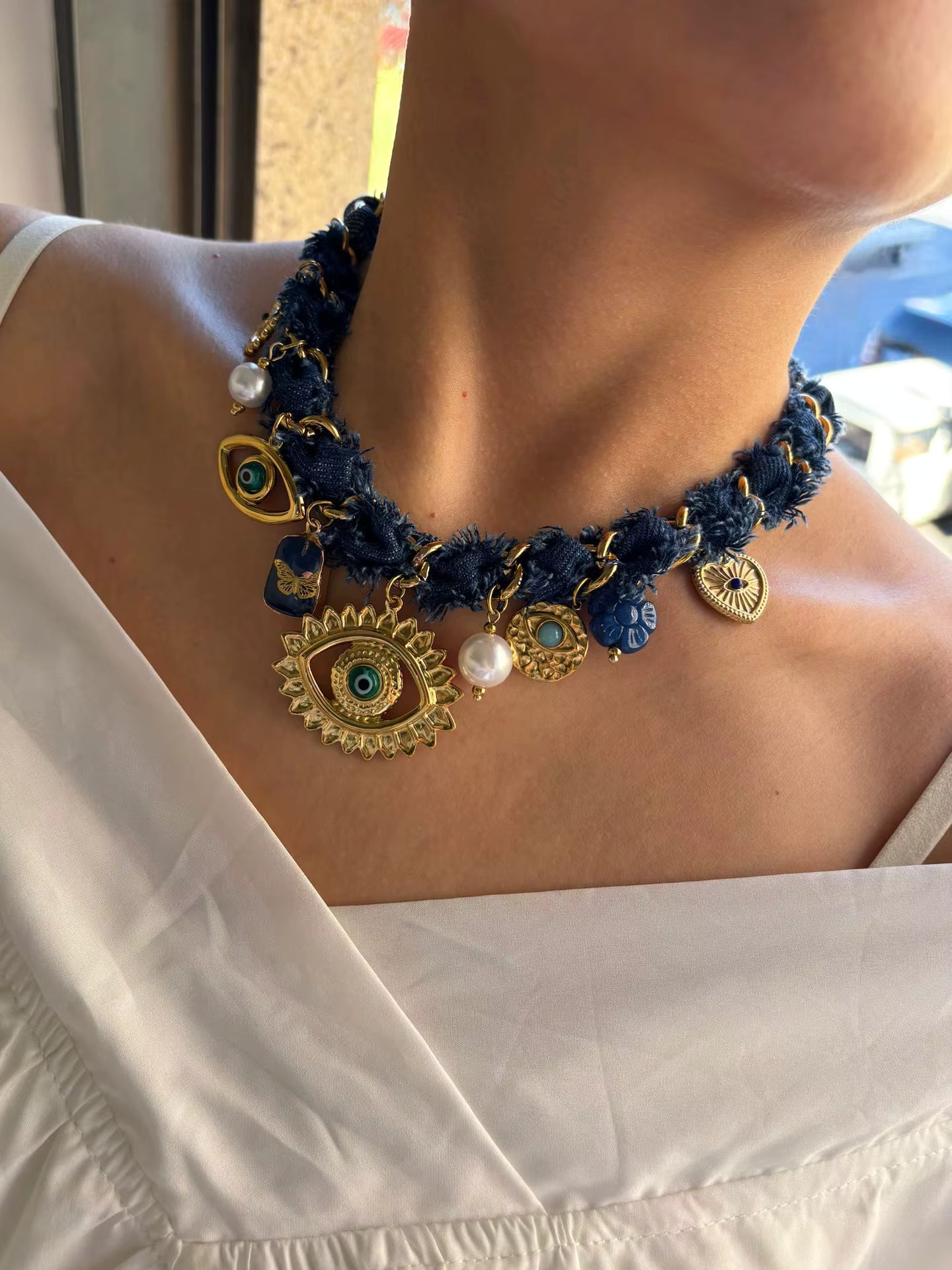 Archangel Protection - Evil Eye Denim Rope Necklace