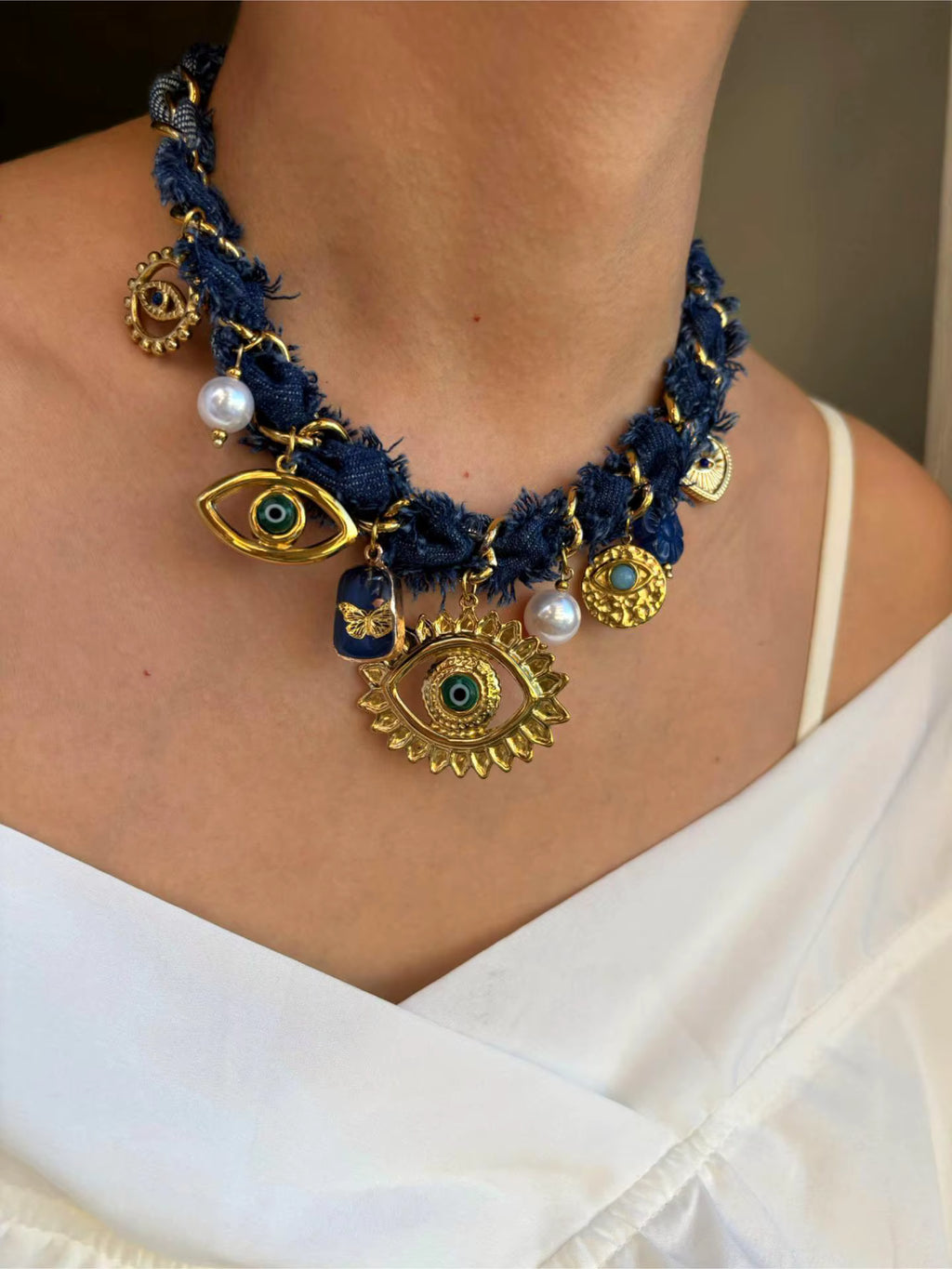 Archangel Protection - Evil Eye Denim Rope Necklace